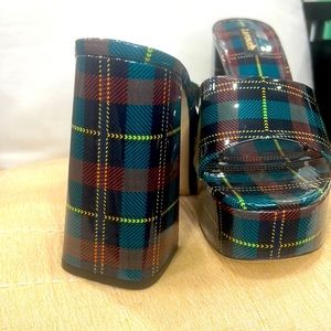 Larroude Dolly plaid patent platform leather mule.